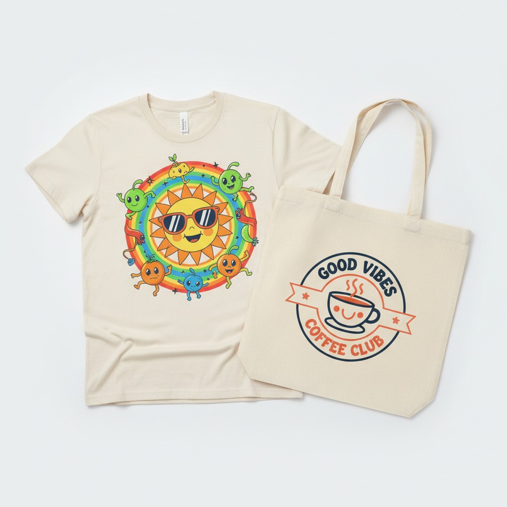 Una playera de color crema con un diseño de sol sonriente rodeado por un arcoíris y personajes animados, acompañada de una bolsa de tela con un logotipo de café.