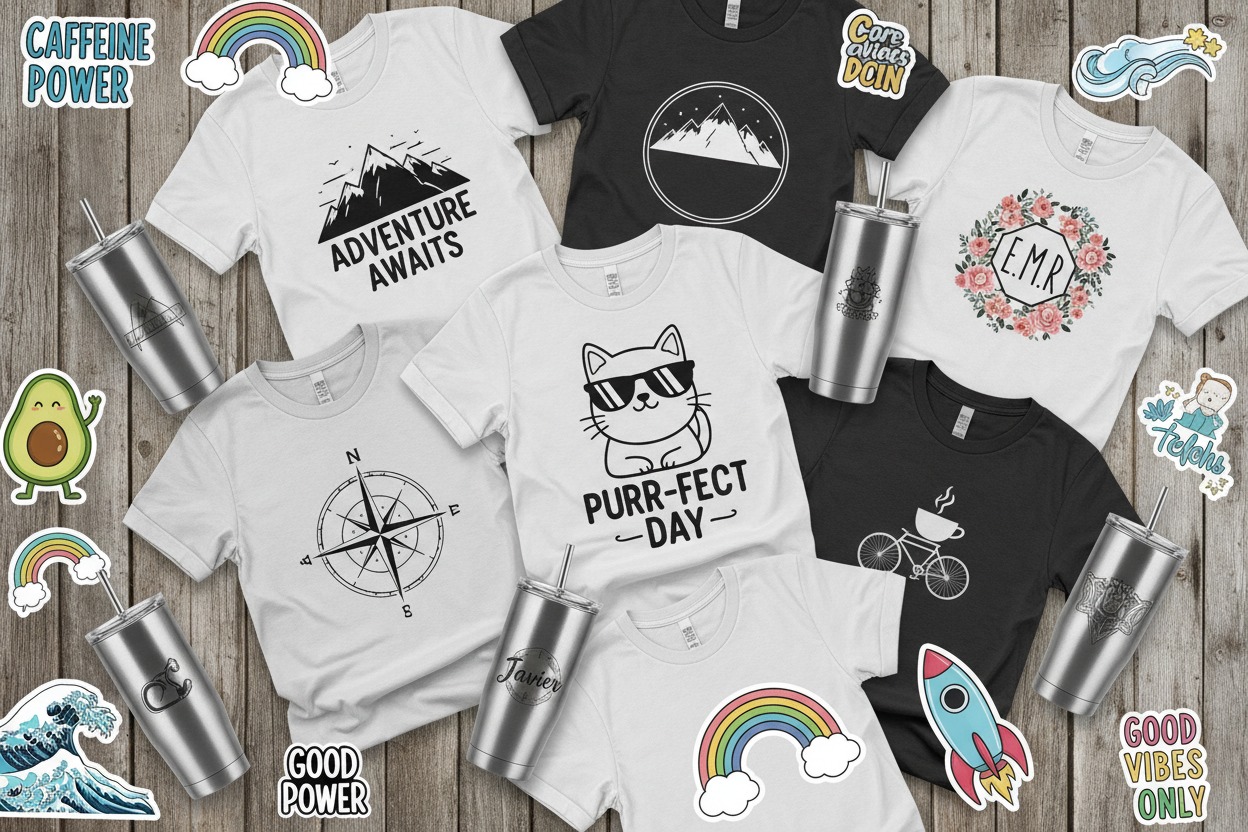 Varias camisetas y termos personalizados con diferentes diseños impresos se encuentran dispuestos sobre una superficie de madera y decorados con calcomanías coloridas.